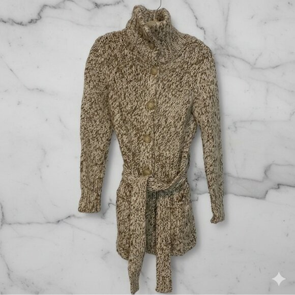 GAP Wool Blend Chunky Knit Belted Cardigan Womens Size Small Tan Cream - Picture 1 of 10